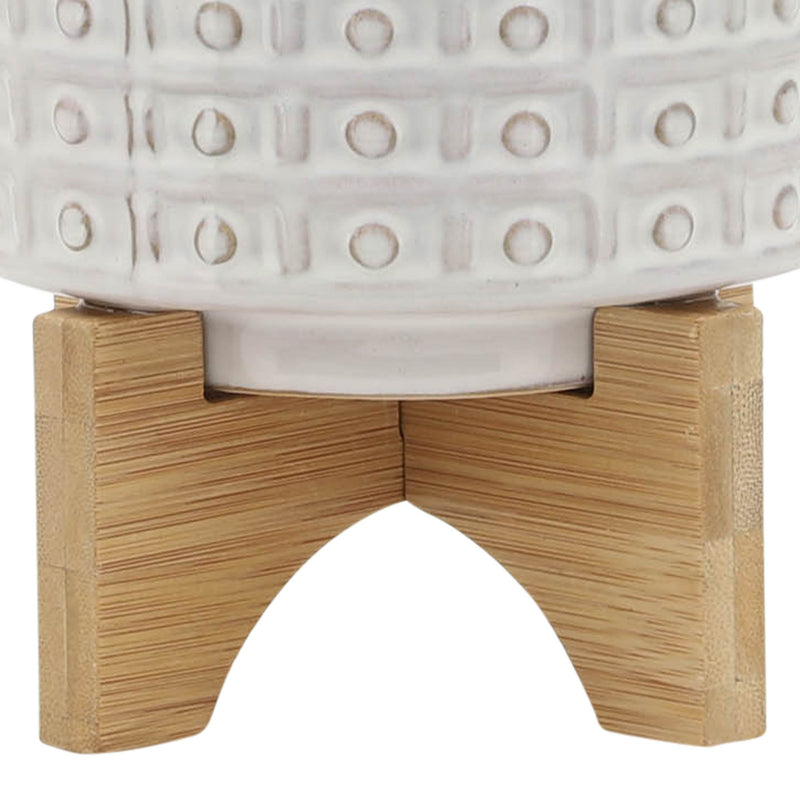 CERAMIC 5" DOTTED PLANTER W/WOOD STAND, IVORY - Al Rugaib Furniture