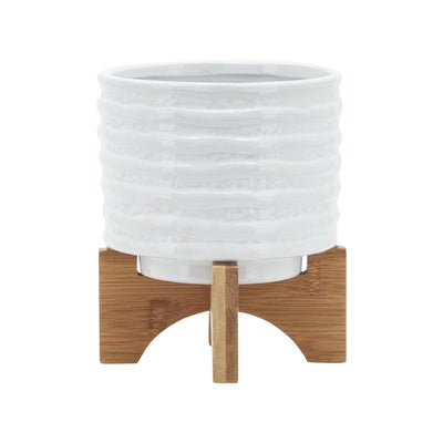 CERAMIC 5" PLANTER ON STAND, WHITE STRIPE - Al Rugaib Furniture