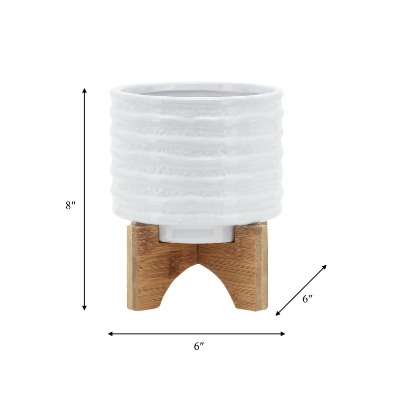 CERAMIC 5" PLANTER ON STAND, WHITE STRIPE - Al Rugaib Furniture