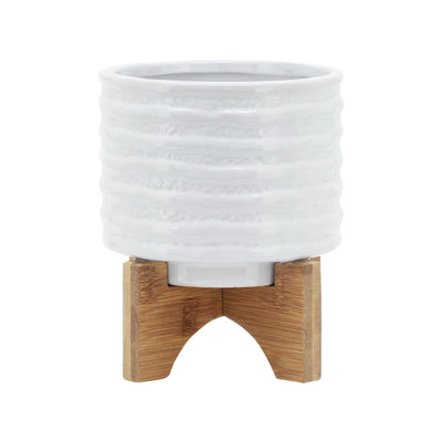 CERAMIC 5" PLANTER ON STAND, WHITE STRIPE - Al Rugaib Furniture