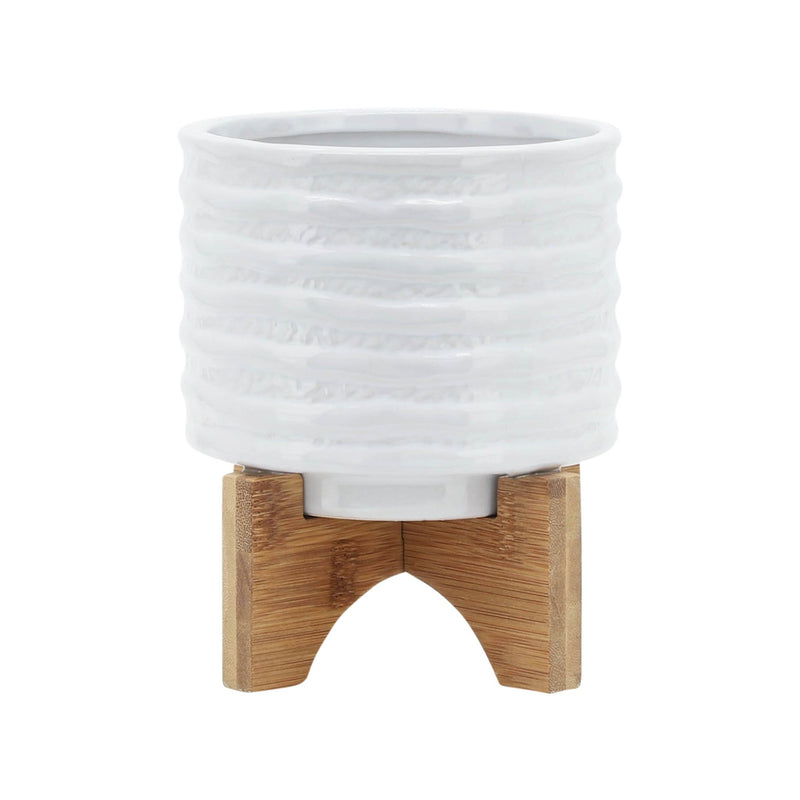 CERAMIC 5" PLANTER ON STAND, WHITE STRIPE - Al Rugaib Furniture