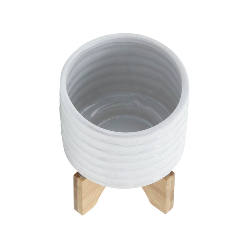 CERAMIC 5" PLANTER ON STAND, WHITE STRIPE - Al Rugaib Furniture
