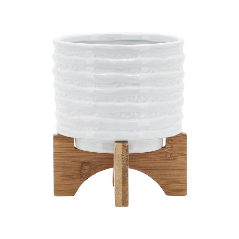 CERAMIC 5" PLANTER ON STAND, WHITE STRIPE - Al Rugaib Furniture