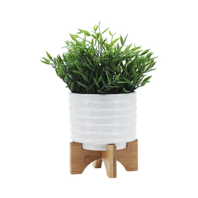 CERAMIC 5" PLANTER ON STAND, WHITE STRIPE - Al Rugaib Furniture