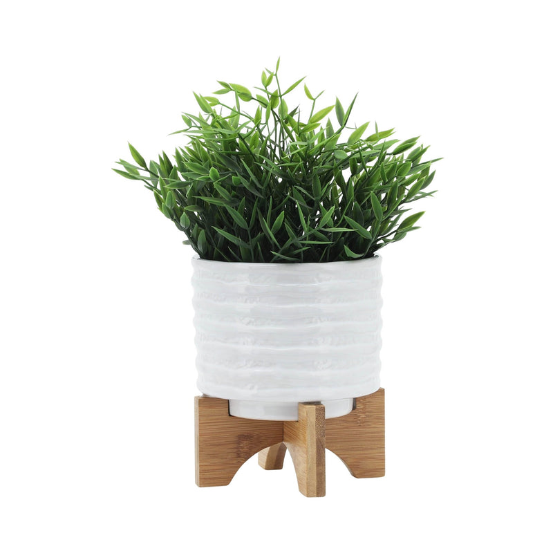 CERAMIC 5" PLANTER ON STAND, WHITE STRIPE - Al Rugaib Furniture