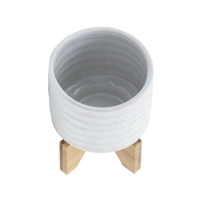 CERAMIC 5" PLANTER ON STAND, WHITE STRIPE - Al Rugaib Furniture