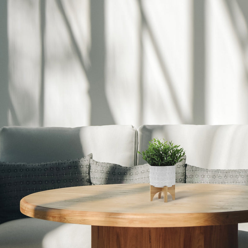 CERAMIC 5" PLANTER ON WOODEN STAND, WHITE - Al Rugaib Furniture