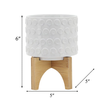 CERAMIC 5" PLANTER ON WOODEN STAND, WHITE - Al Rugaib Furniture