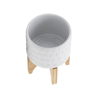CERAMIC 5" PLANTER ON WOODEN STAND, WHITE - Al Rugaib Furniture