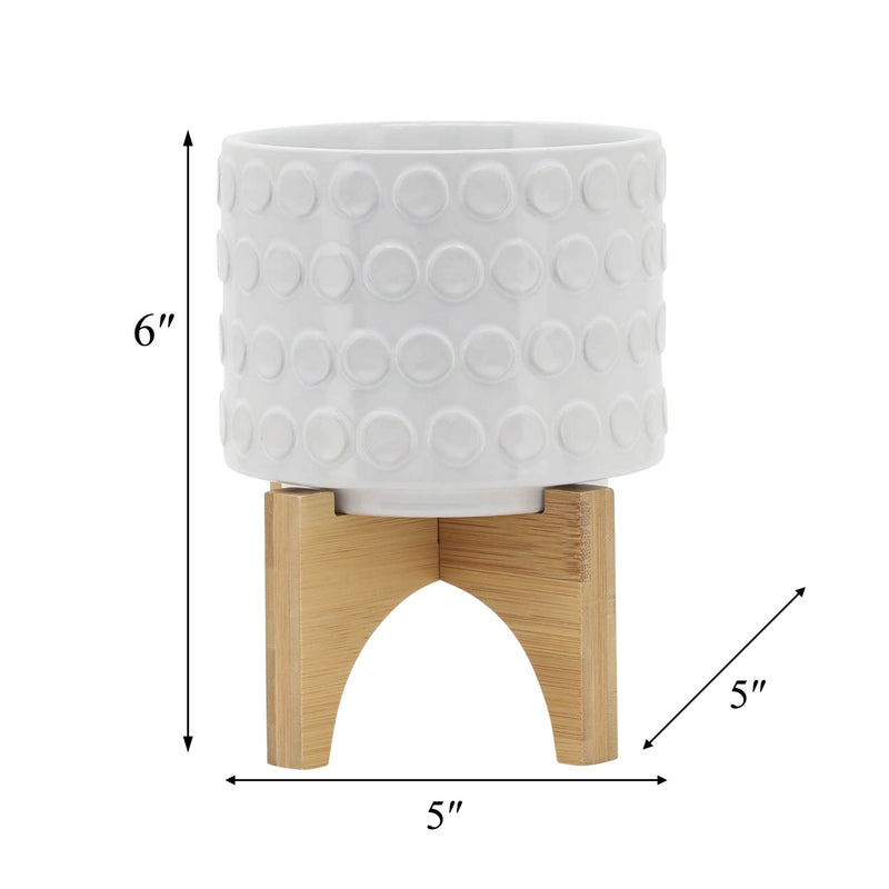 CERAMIC 5" PLANTER ON WOODEN STAND, WHITE - Al Rugaib Furniture