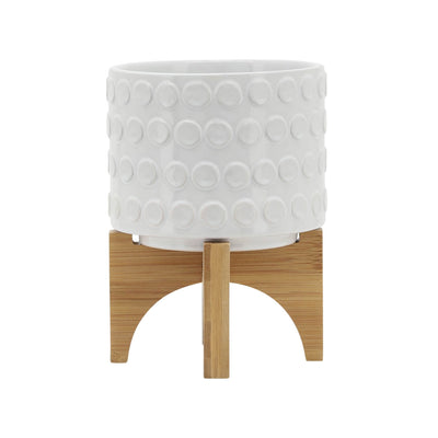 CERAMIC 5" PLANTER ON WOODEN STAND, WHITE - Al Rugaib Furniture
