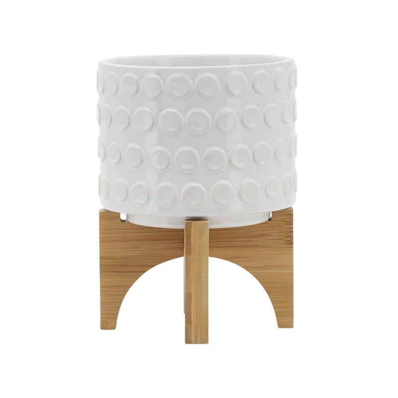 CERAMIC 5" PLANTER ON WOODEN STAND, WHITE - Al Rugaib Furniture