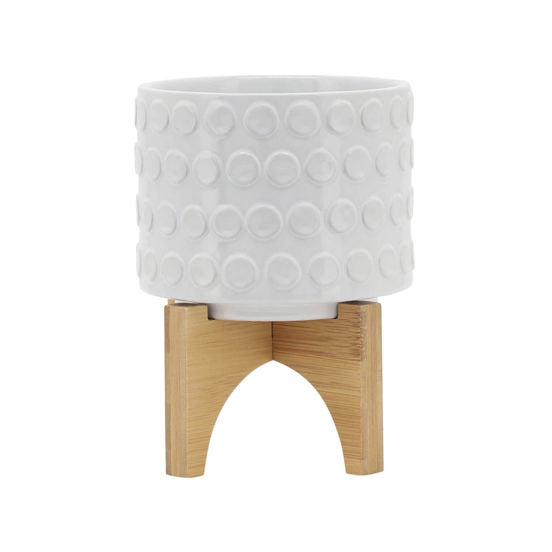 CERAMIC 5" PLANTER ON WOODEN STAND, WHITE - Al Rugaib Furniture