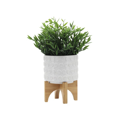 CERAMIC 5" PLANTER ON WOODEN STAND, WHITE - Al Rugaib Furniture