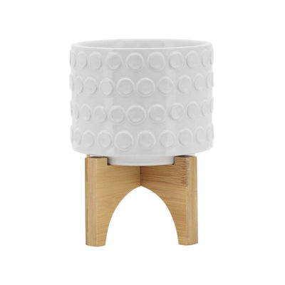 CERAMIC 5" PLANTER ON WOODEN STAND, WHITE - Al Rugaib Furniture