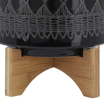 CERAMIC 8" AZTEC PLANTER ON WOODEN STAND, BLACK - Al Rugaib Furniture