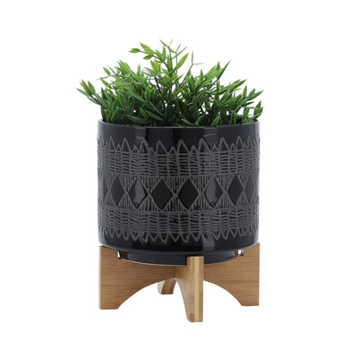 CERAMIC 8" AZTEC PLANTER ON WOODEN STAND, BLACK - Al Rugaib Furniture