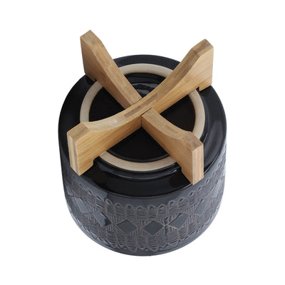 CERAMIC 8" AZTEC PLANTER ON WOODEN STAND, BLACK - Al Rugaib Furniture