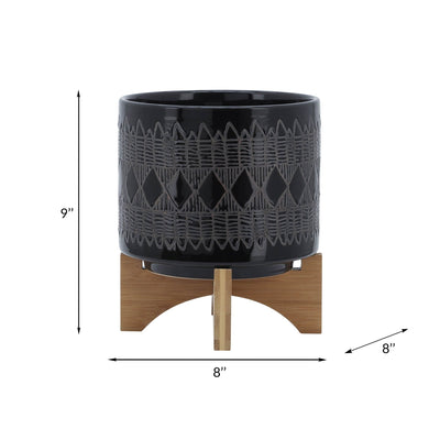 CERAMIC 8" AZTEC PLANTER ON WOODEN STAND, BLACK - Al Rugaib Furniture
