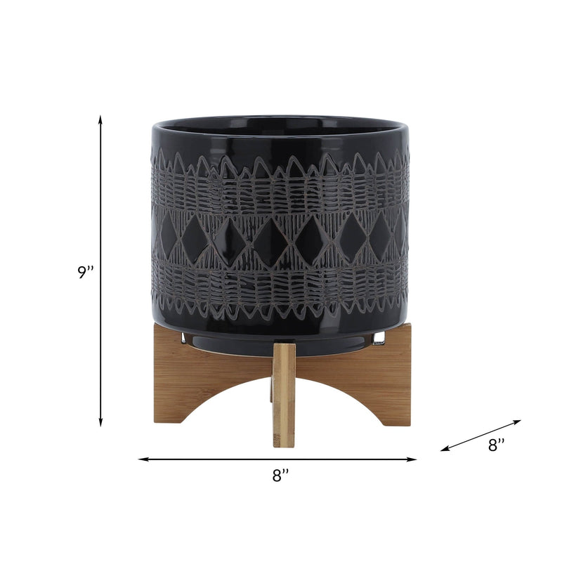CERAMIC 8" AZTEC PLANTER ON WOODEN STAND, BLACK - Al Rugaib Furniture