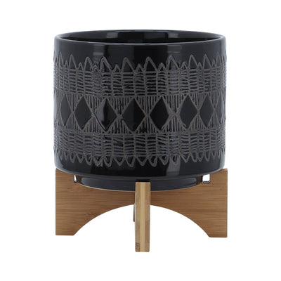 CERAMIC 8" AZTEC PLANTER ON WOODEN STAND, BLACK - Al Rugaib Furniture