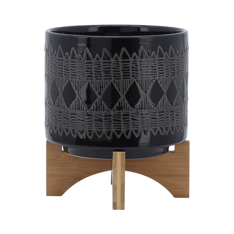 CERAMIC 8" AZTEC PLANTER ON WOODEN STAND, BLACK - Al Rugaib Furniture