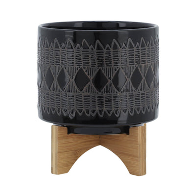 CERAMIC 8" AZTEC PLANTER ON WOODEN STAND, BLACK - Al Rugaib Furniture