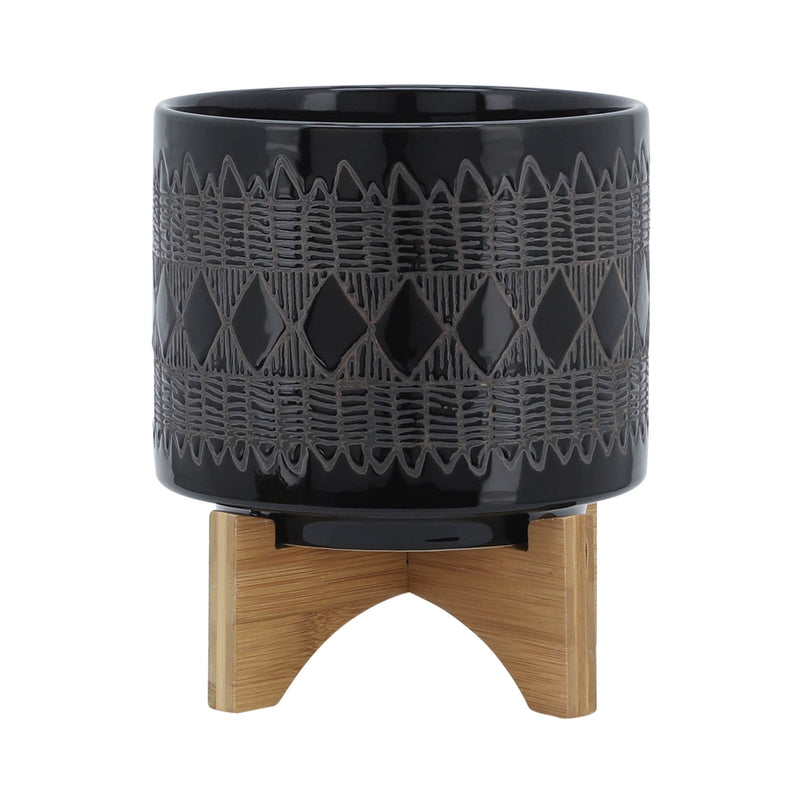 CERAMIC 8" AZTEC PLANTER ON WOODEN STAND, BLACK - Al Rugaib Furniture
