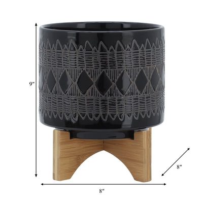 CERAMIC 8" AZTEC PLANTER ON WOODEN STAND, BLACK - Al Rugaib Furniture