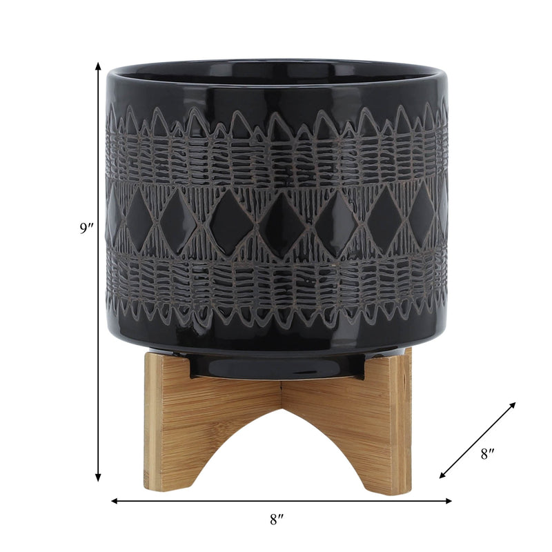 CERAMIC 8" AZTEC PLANTER ON WOODEN STAND, BLACK - Al Rugaib Furniture