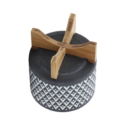 CERAMIC 8" AZTEC PLANTER ON WOODEN STAND, GRAY - Al Rugaib Furniture