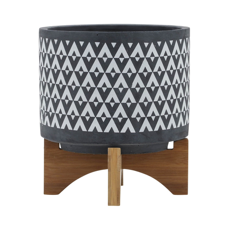 CERAMIC 8" AZTEC PLANTER ON WOODEN STAND, GRAY - Al Rugaib Furniture