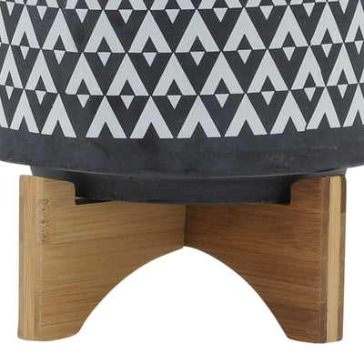 CERAMIC 8" AZTEC PLANTER ON WOODEN STAND, GRAY - Al Rugaib Furniture