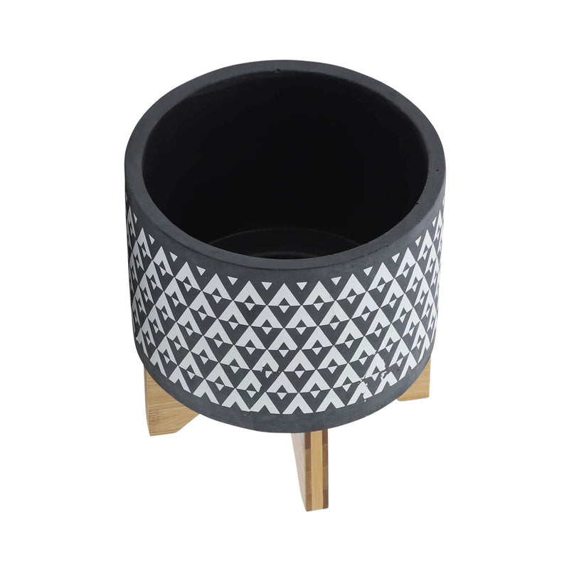 CERAMIC 8" AZTEC PLANTER ON WOODEN STAND, GRAY - Al Rugaib Furniture