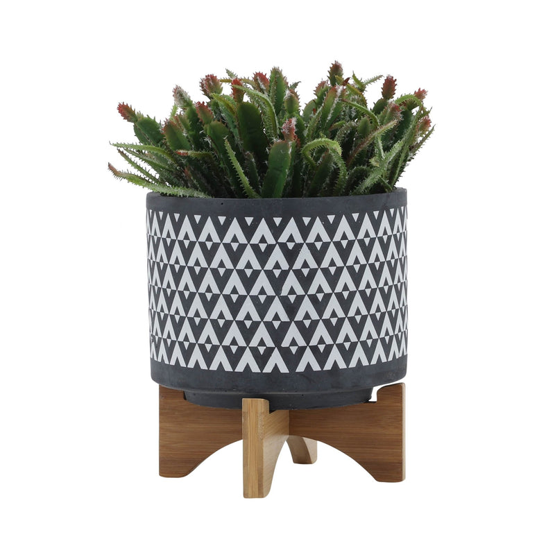 CERAMIC 8" AZTEC PLANTER ON WOODEN STAND, GRAY - Al Rugaib Furniture
