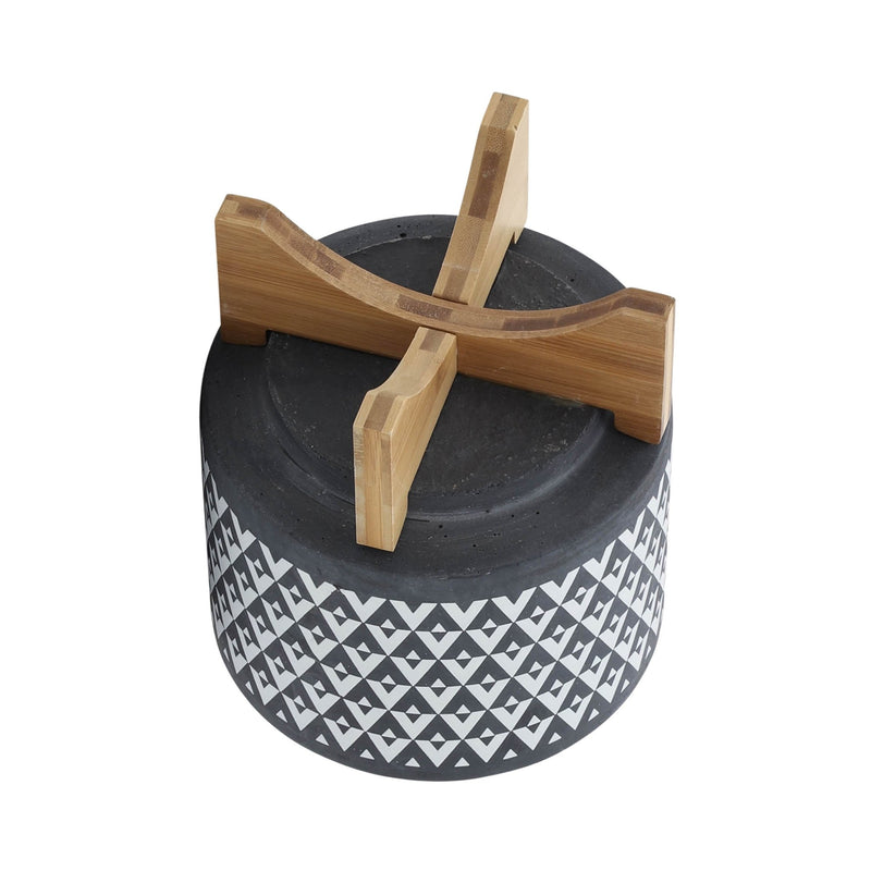 CERAMIC 8" AZTEC PLANTER ON WOODEN STAND, GRAY - Al Rugaib Furniture