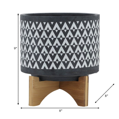 CERAMIC 8" AZTEC PLANTER ON WOODEN STAND, GRAY - Al Rugaib Furniture