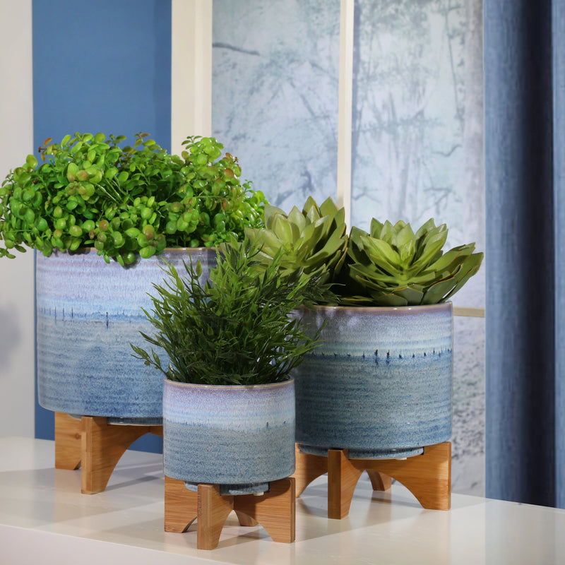 CERAMIC 8" PLANTER ON STAND, BLUE FADE - Al Rugaib Furniture