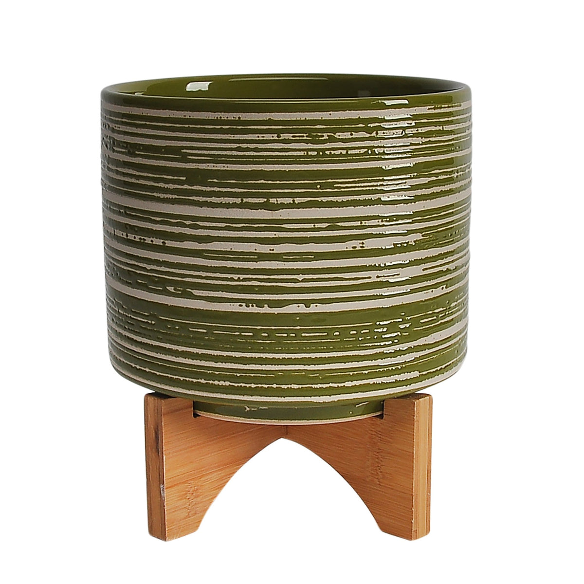 CERAMIC 8" PLANTER ON WOODEN STAND, OLIVE Outdoor Planters| Sagebrook Home