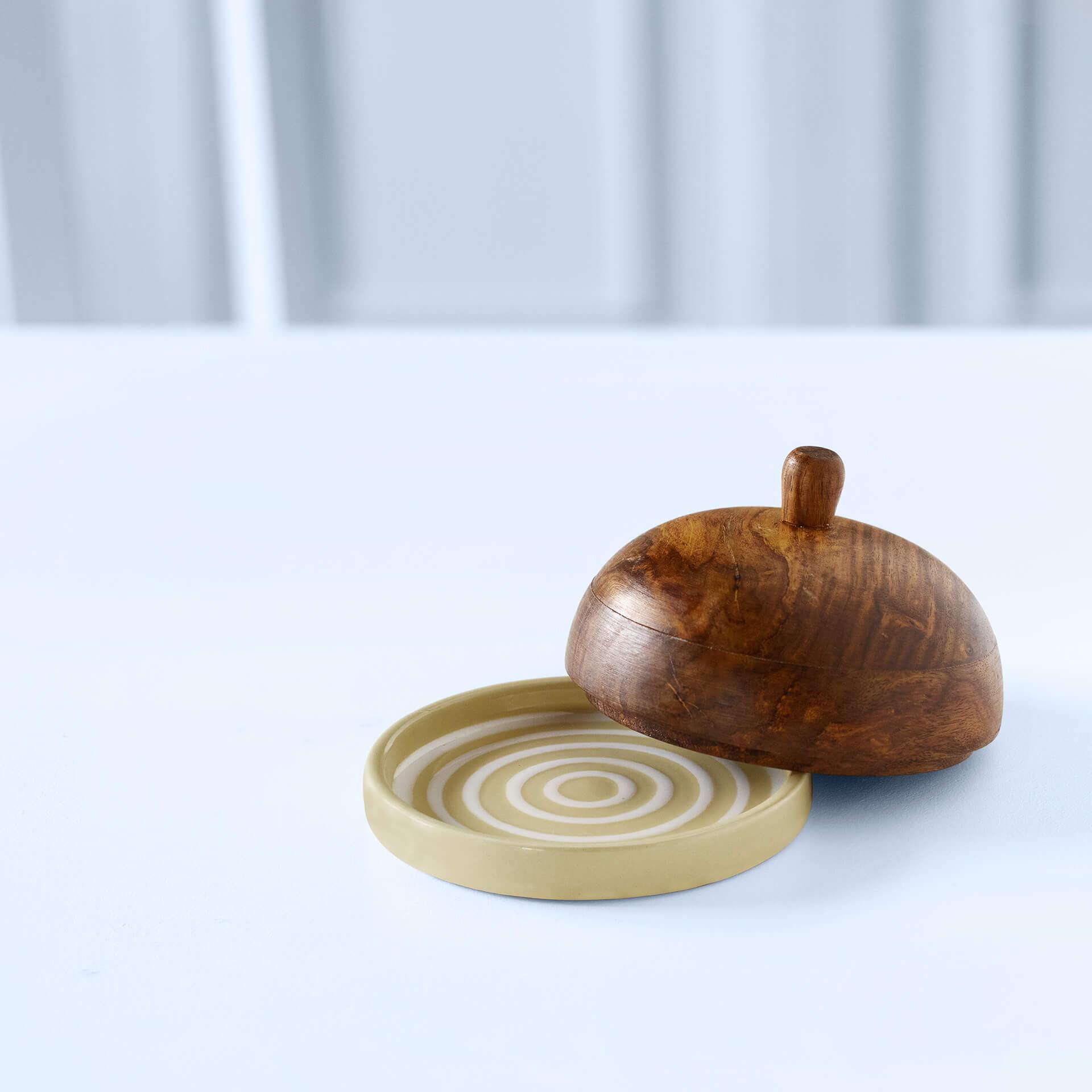 Ceramic Butter Dish Stripes W/Wdn Lid Lemon Tray| Roots Furniture