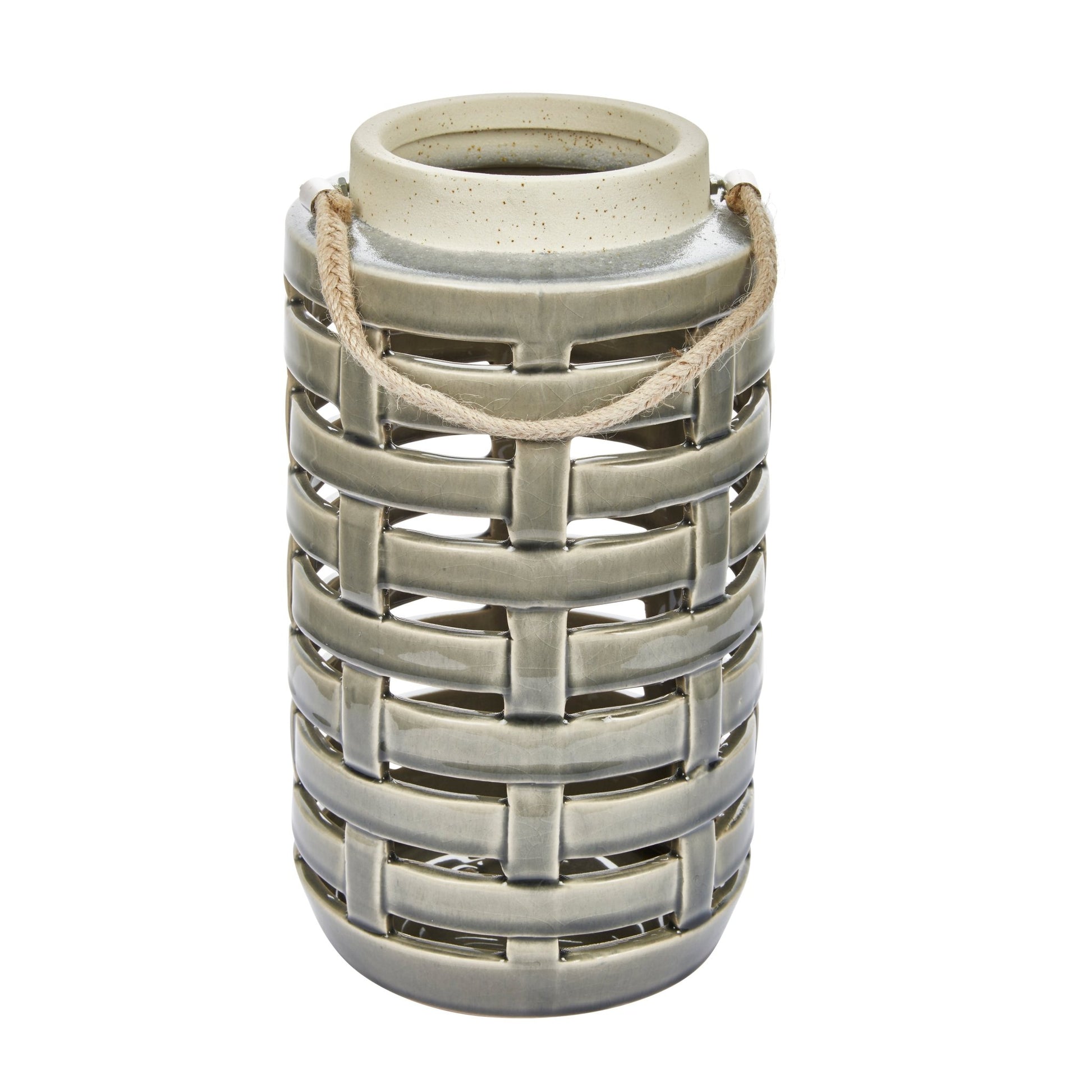 CERAMIC LATTICE WEAVE LANTERN, 11", GRAY Candle Holders| Sagebrook Home