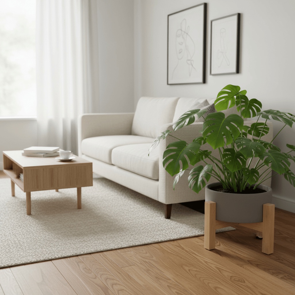 CERAMIC PLANTER WITH WOODEN LEG  GREY 30X30X25 CM Plants| Alrugaib Furniture X Nice