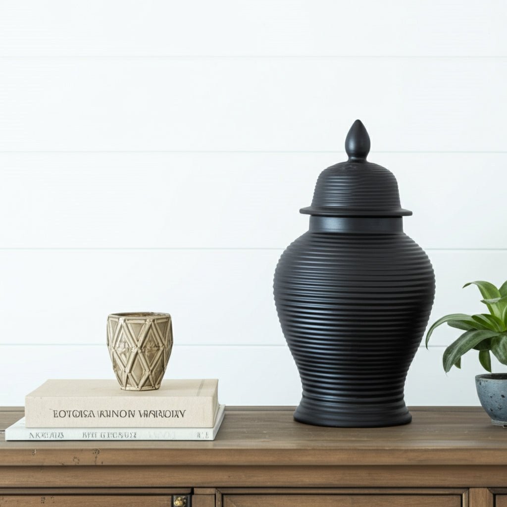 CERAMIC, RIBBED TEMPLE JAR, BLACK Vases and Jars| Sagebrook Home