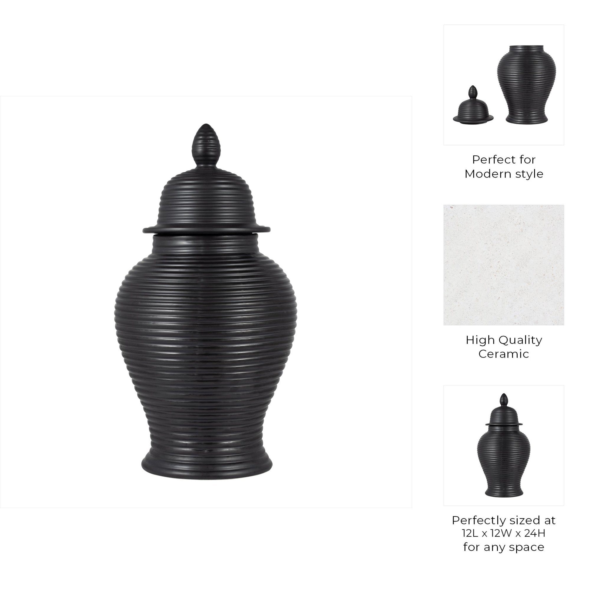 CERAMIC, RIBBED TEMPLE JAR, BLACK Vases and Jars| Sagebrook Home