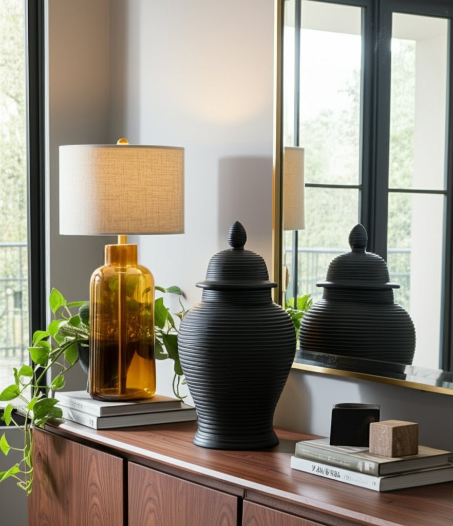 CERAMIC, RIBBED TEMPLE JAR, BLACK Vases and Jars| Sagebrook Home