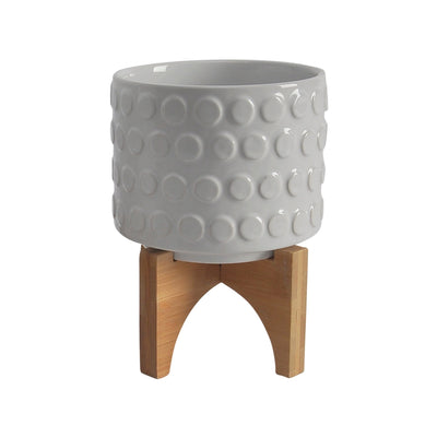 CERAMIC S/2 5/8" PLANTER ON WOODEN STAND, WHITE - Al Rugaib Furniture