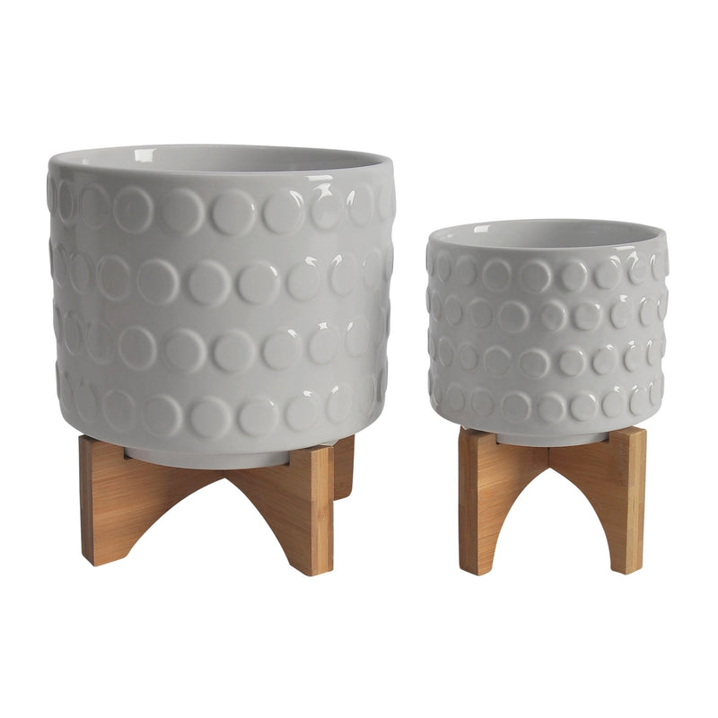 CERAMIC S/2 5/8" PLANTER ON WOODEN STAND, WHITE - Al Rugaib Furniture