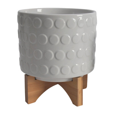 CERAMIC S/2 5/8" PLANTER ON WOODEN STAND, WHITE - Al Rugaib Furniture