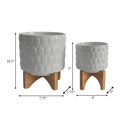 CERAMIC S/2 5/8" PLANTER ON WOODEN STAND, WHITE - Al Rugaib Furniture