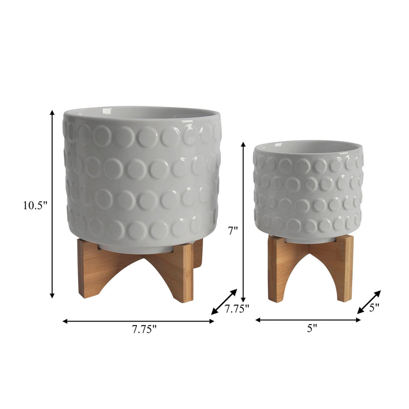 CERAMIC S/2 5/8" PLANTER ON WOODEN STAND, WHITE - Al Rugaib Furniture
